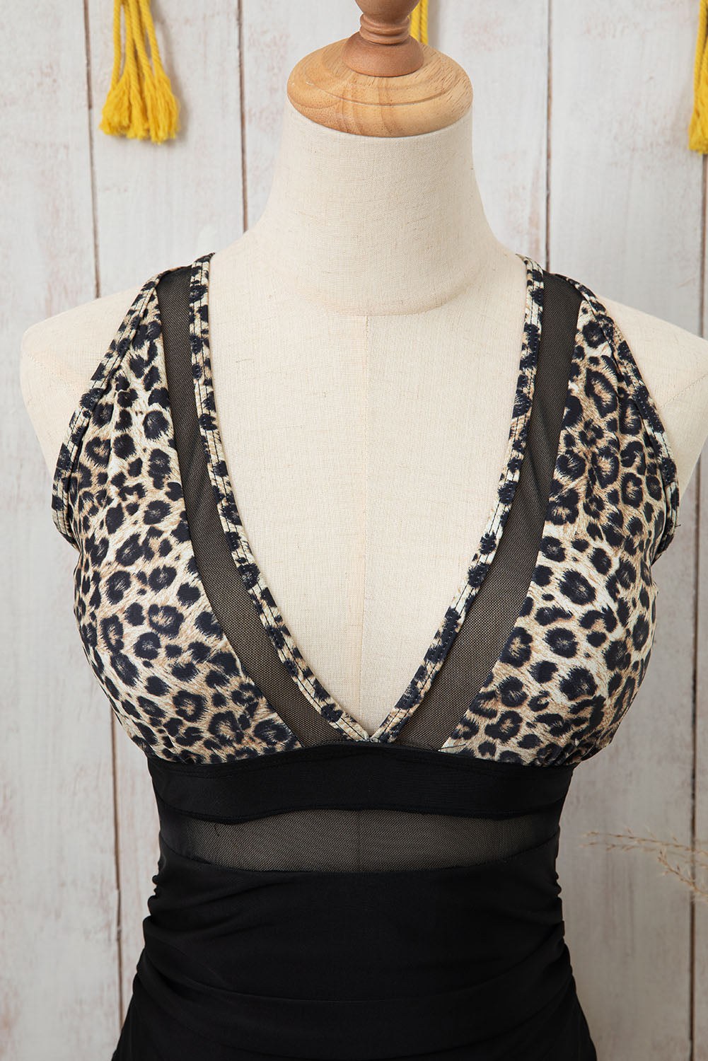 - Brown Leopard Mesh Insert V Neck High Waist Monokini - womens one piece swimsuit at TFC&H Co.