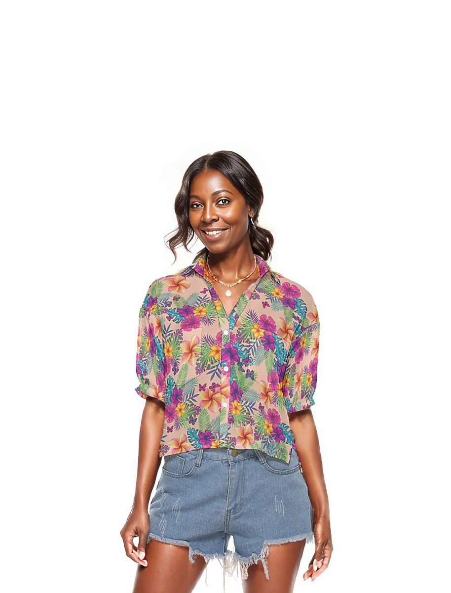 Tropical Peach Floral Women's V-neck Button Up Shirt