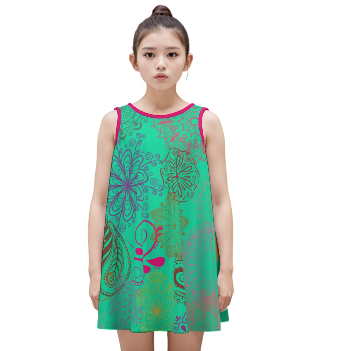 Teal - Paisley Mist Kid's Sleeveless Dress | 100% Cotton - girls dress at TFC&H Co.