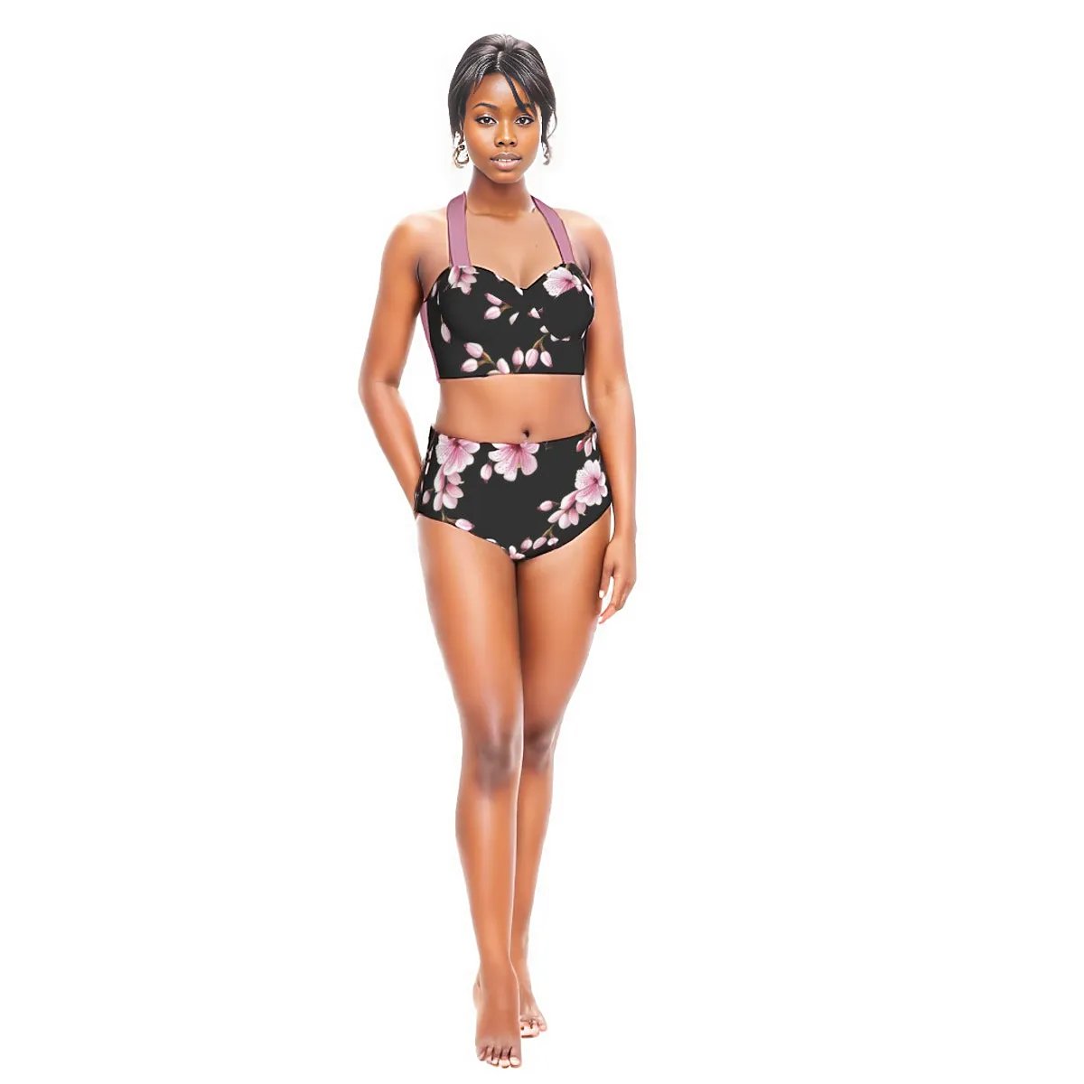 Black - Cherry Blossom Halter Top Women's Bikini Swimsuit - womens bikini at TFC&H Co.