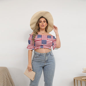 Red-White-Blue - 4th of July Patriotic Women's Off-shoulder Cropped Top With Short Puff Sleeve - womens crop top at TFC&H Co.