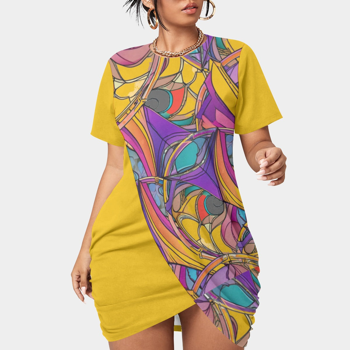 Yellow - Abstract Urbania Women’s Stacked Hem Voluptuous (+) Plus Size Dress With Short Sleeve - womens plus size dress at TFC&H Co.