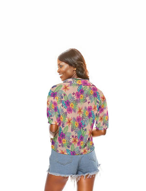 - Tropical Peach Floral Women's V-neck Button Up Shirt - womens button up shirt at TFC&H Co.