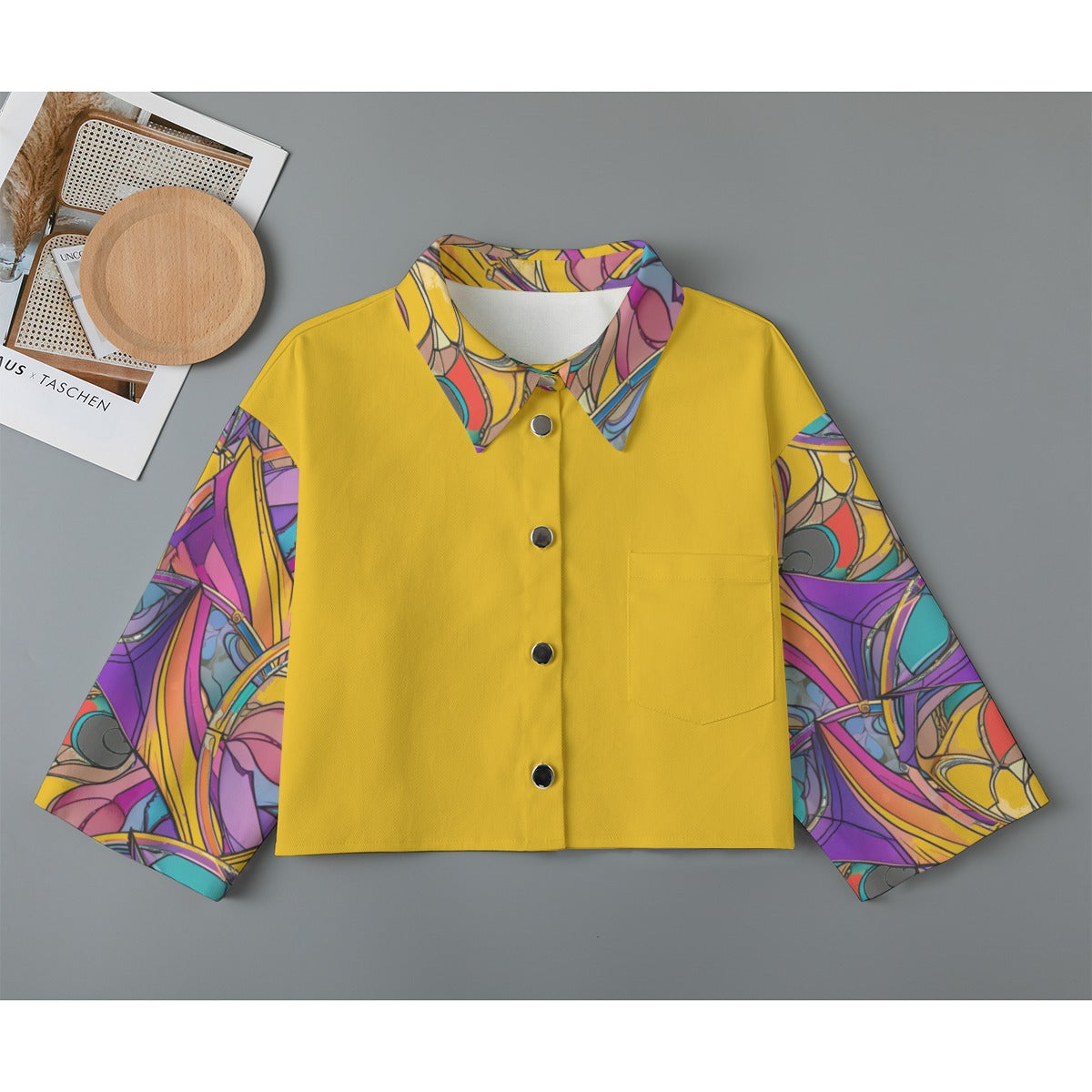 Yellow - Abstract Urbania Women's Cropped Jacket | 100% Cotton - womens cropped jacket at TFC&H Co.