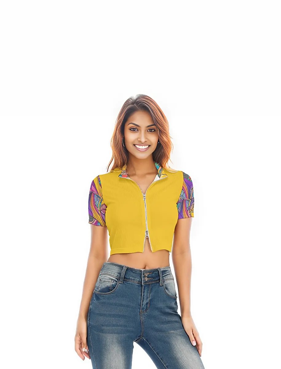 Yellow - Abstract Urbania Women's Short Sleeve T-shirt With Two-way Zipper - ladies crop top at TFC&H Co.