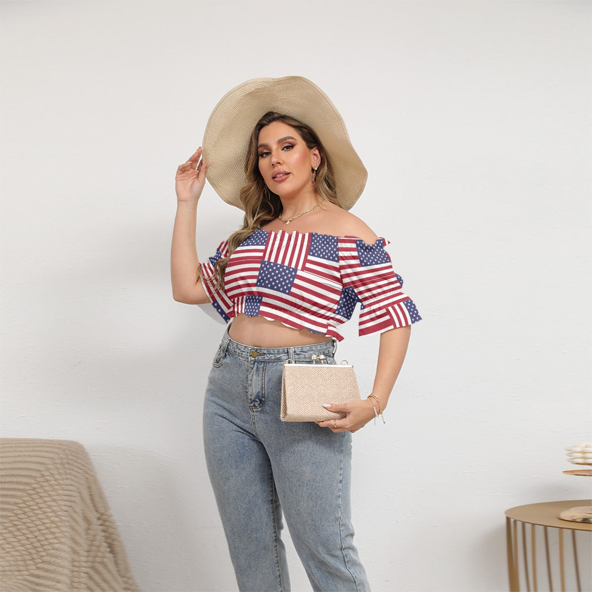 - 4th of July Patriotic Women's Off-shoulder Cropped Top With Short Puff Sleeve - womens crop top at TFC&H Co.