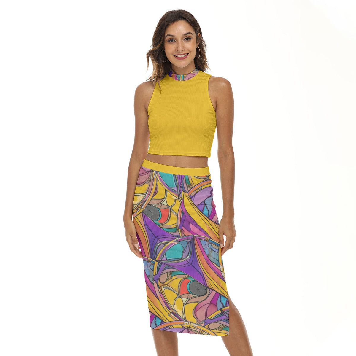 Yellow - Abstract Urbania Tank Top & Split High Women's Skirt Set - womens skirt set at TFC&H Co.