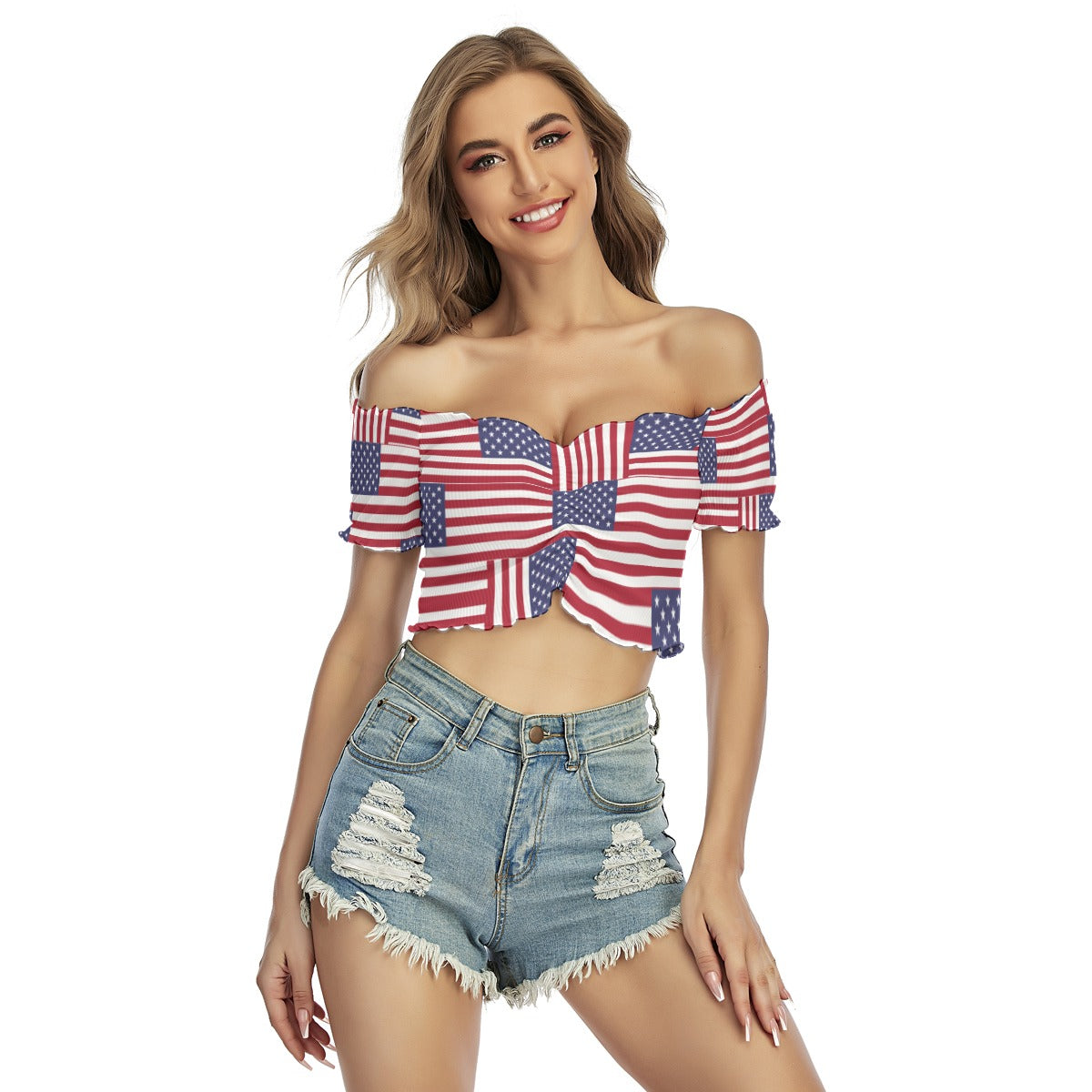 White - 4th of July Patriotic Women's Off-shoulder Off-the-navel Crop Top - at TFC&H Co.