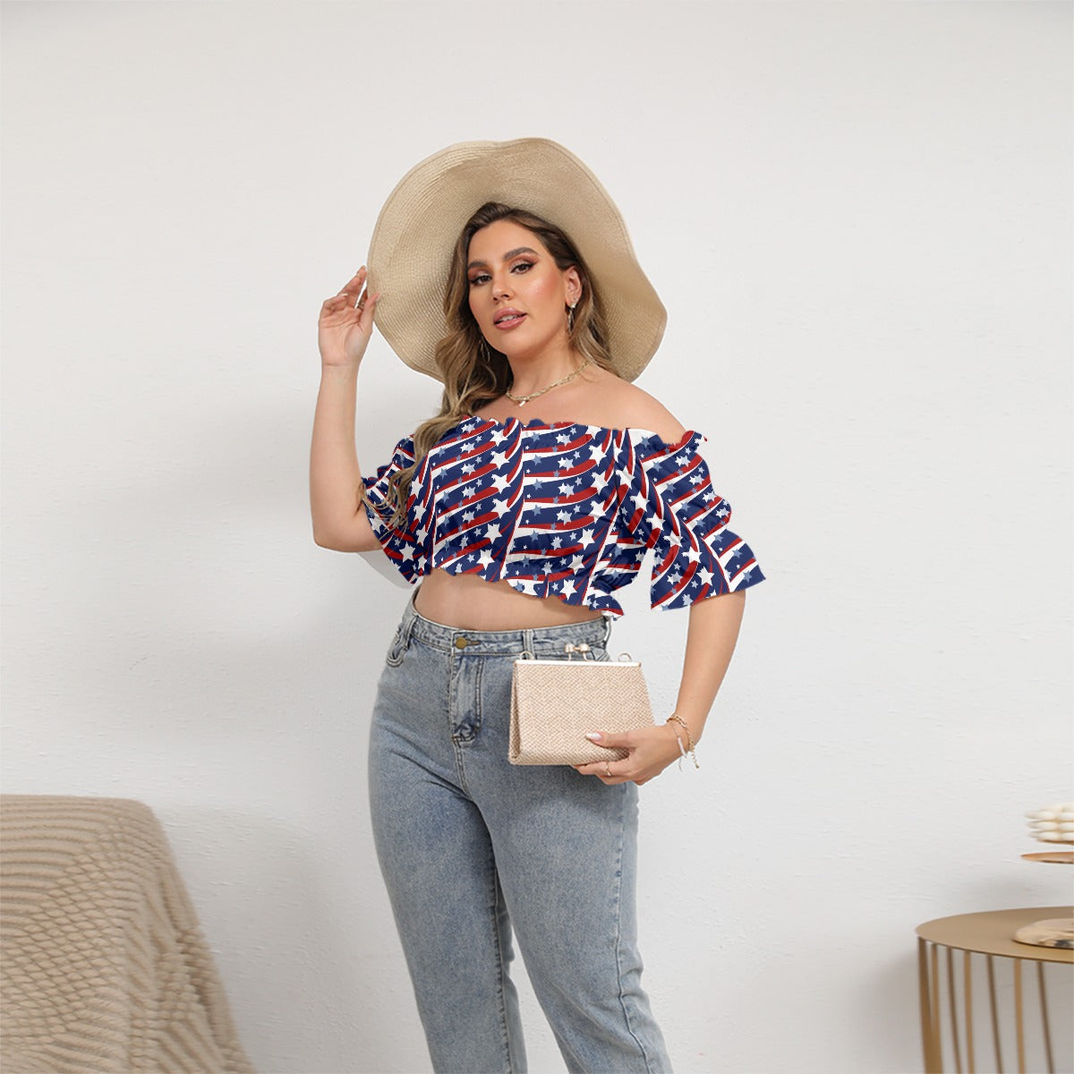 - 4th of July Patriotic Women's Off-shoulder Cropped Top With Short Puff Sleeve - womens crop top at TFC&H Co.