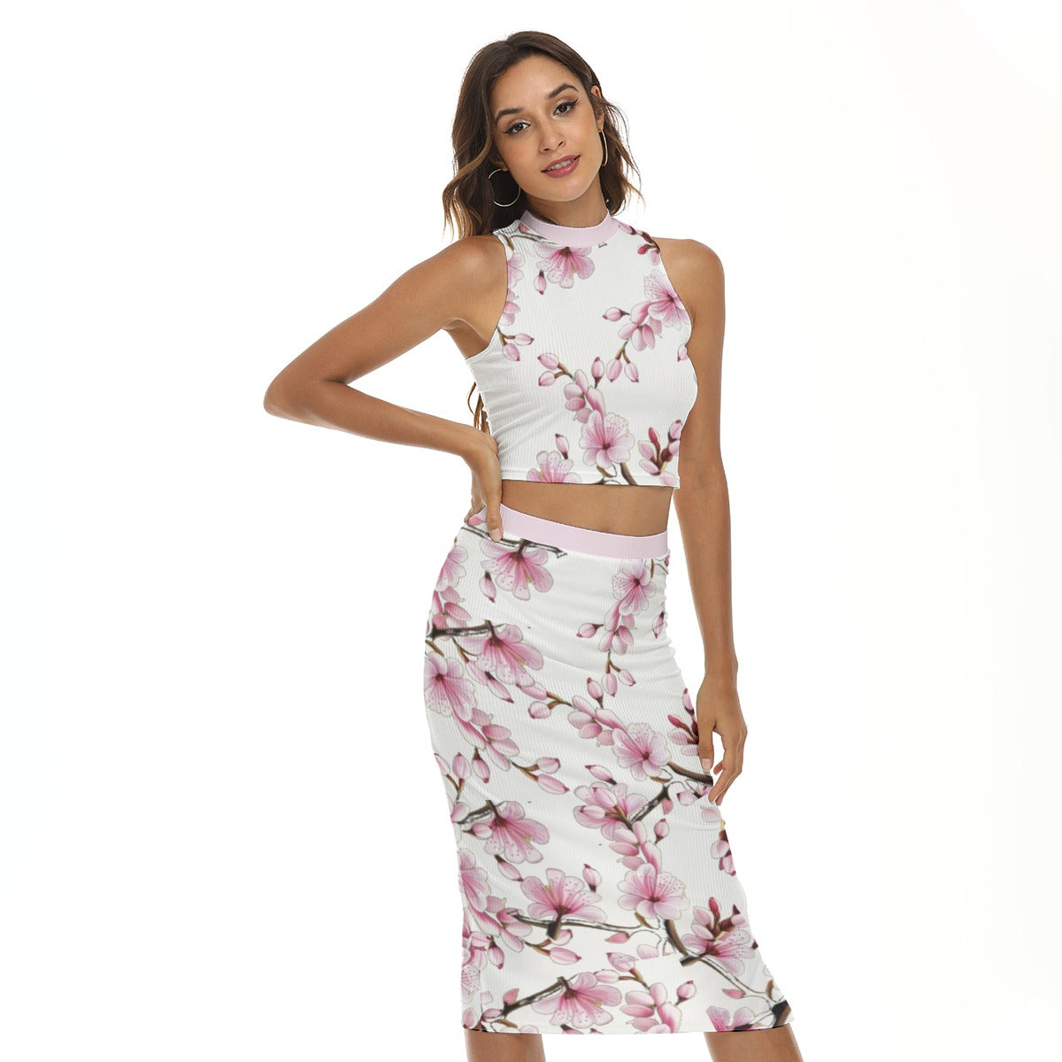 - Cherry Blossom All Over Tank Top & Split High Women's Skirt Set - womens skirt set at TFC&H Co.