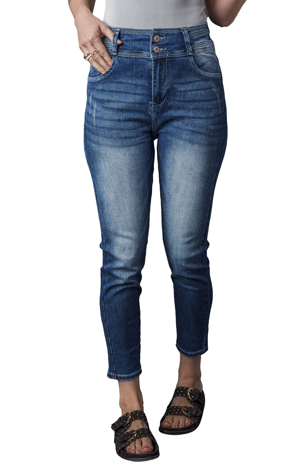 - Blue Vintage Washed Two-button High Waist Skinny Jeans - women's jeans at TFC&H Co.
