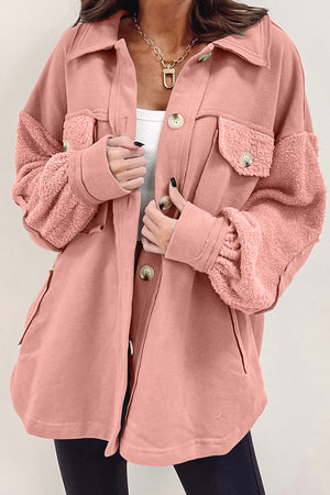 Peach Blossom 50%Polyester+50%Cotton Exposed Seam Elbow Patch Oversized Shacket in Peach Blossom, Sage, or Chestnut - women's shacket at TFC&H Co.