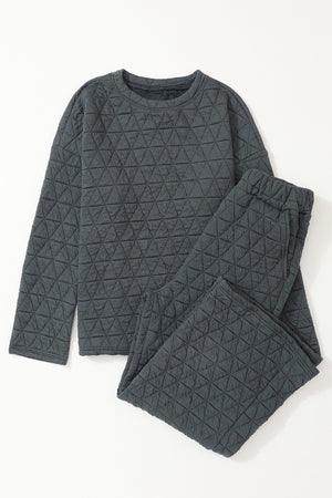 Dark Grey Set 95%Polyester+5%Elastane - Solid Quilted Pullover and Pants Outfit Set, Shirt, or Hoodie- various colors - women's pants set at TFC&H Co.