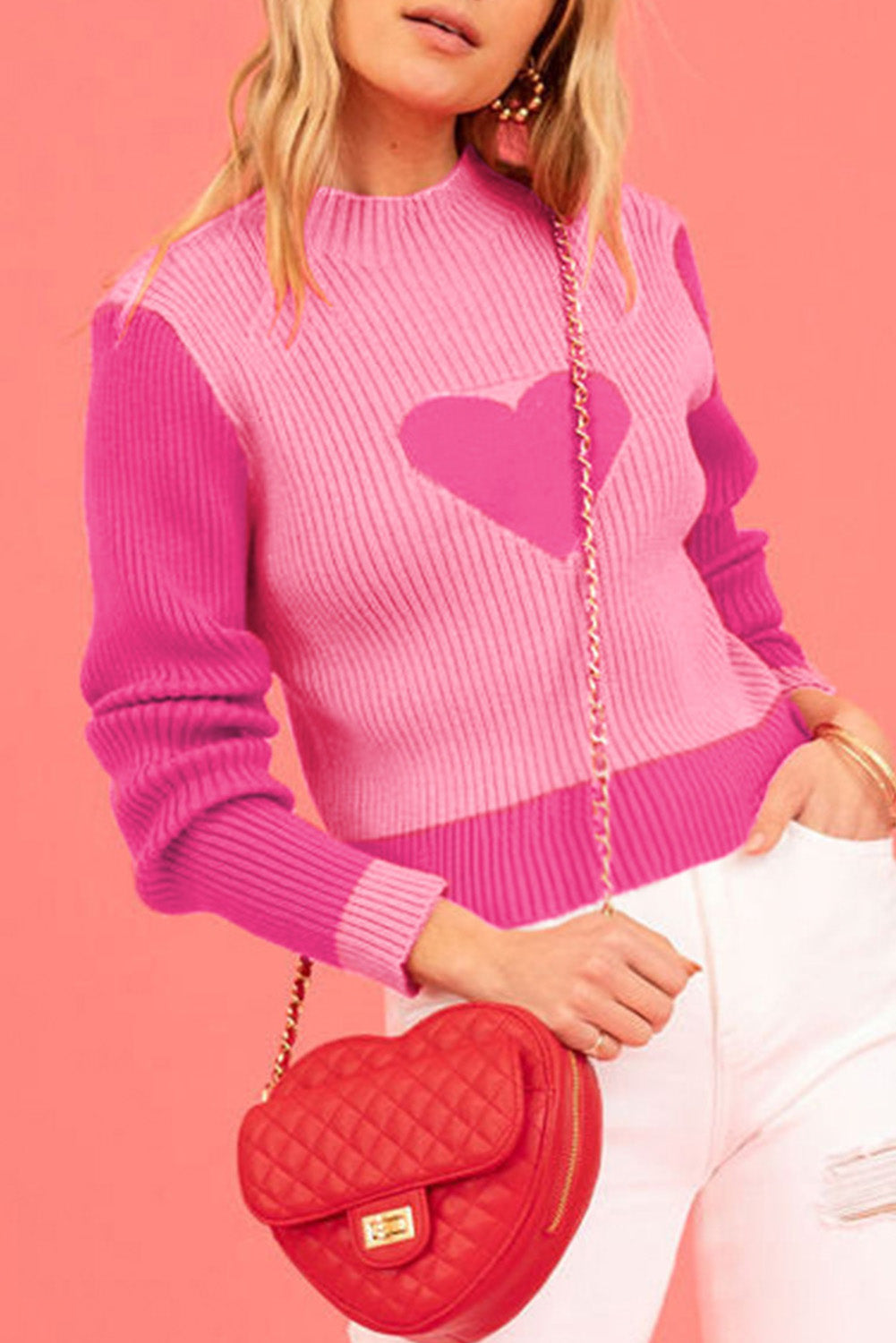 Bright Pink 100%Polyester Mock Neck Colorblock Valentine Heart Ribbed Sweater - women's sweater at TFC&H Co.