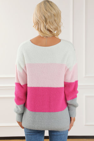 Striped Color Block Fuzzy V Neck Sweater - women's sweater at TFC&H Co.
