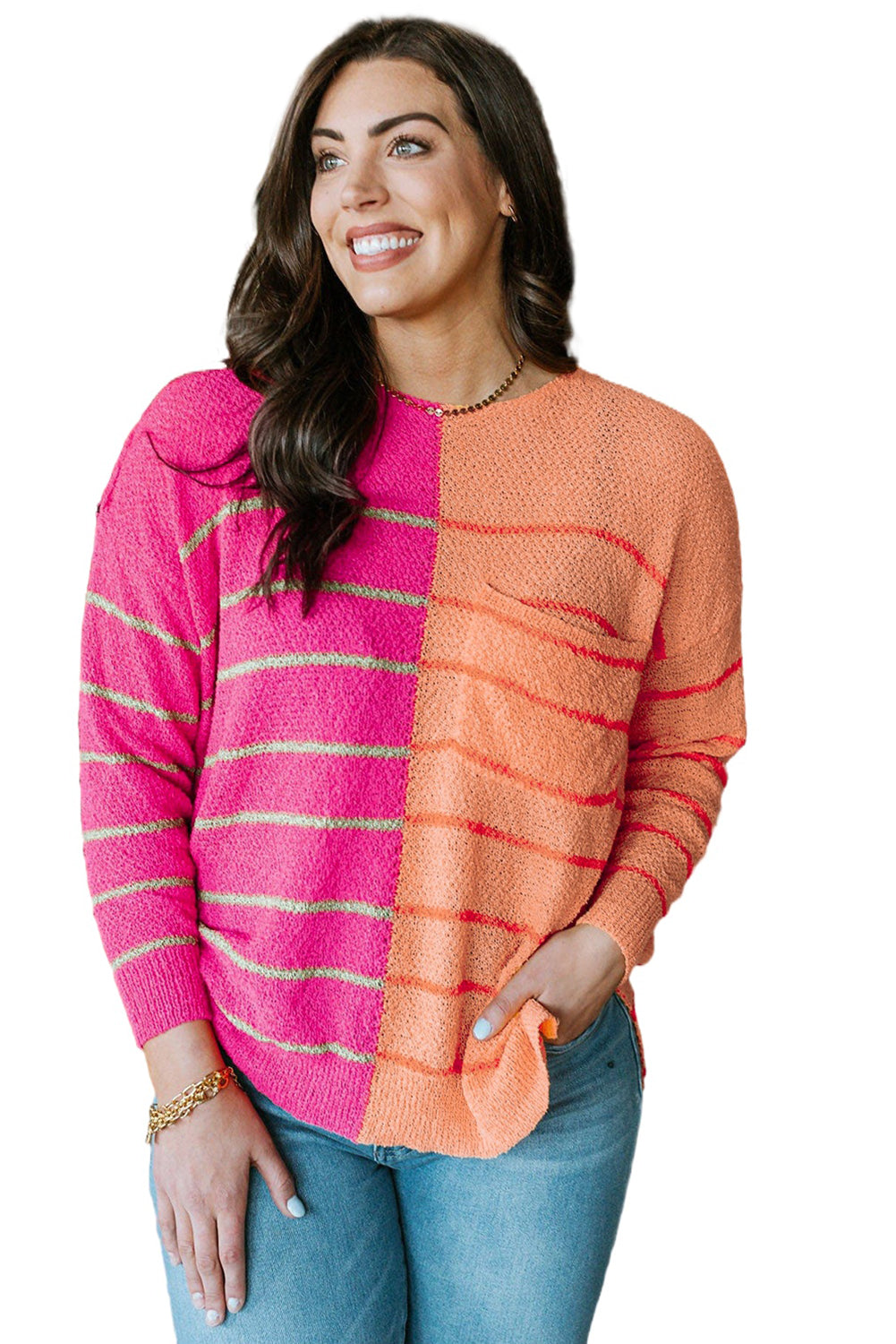 Multicolour Striped Color Block Loose Fit Knit Sweater - women's sweater at TFC&H Co.