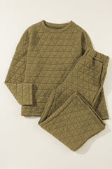 Sage Green Set 95%Polyester+5%Elastane - Solid Quilted Pullover and Pants Outfit Set, Shirt, or Hoodie- various colors - women's pants set at TFC&H Co.