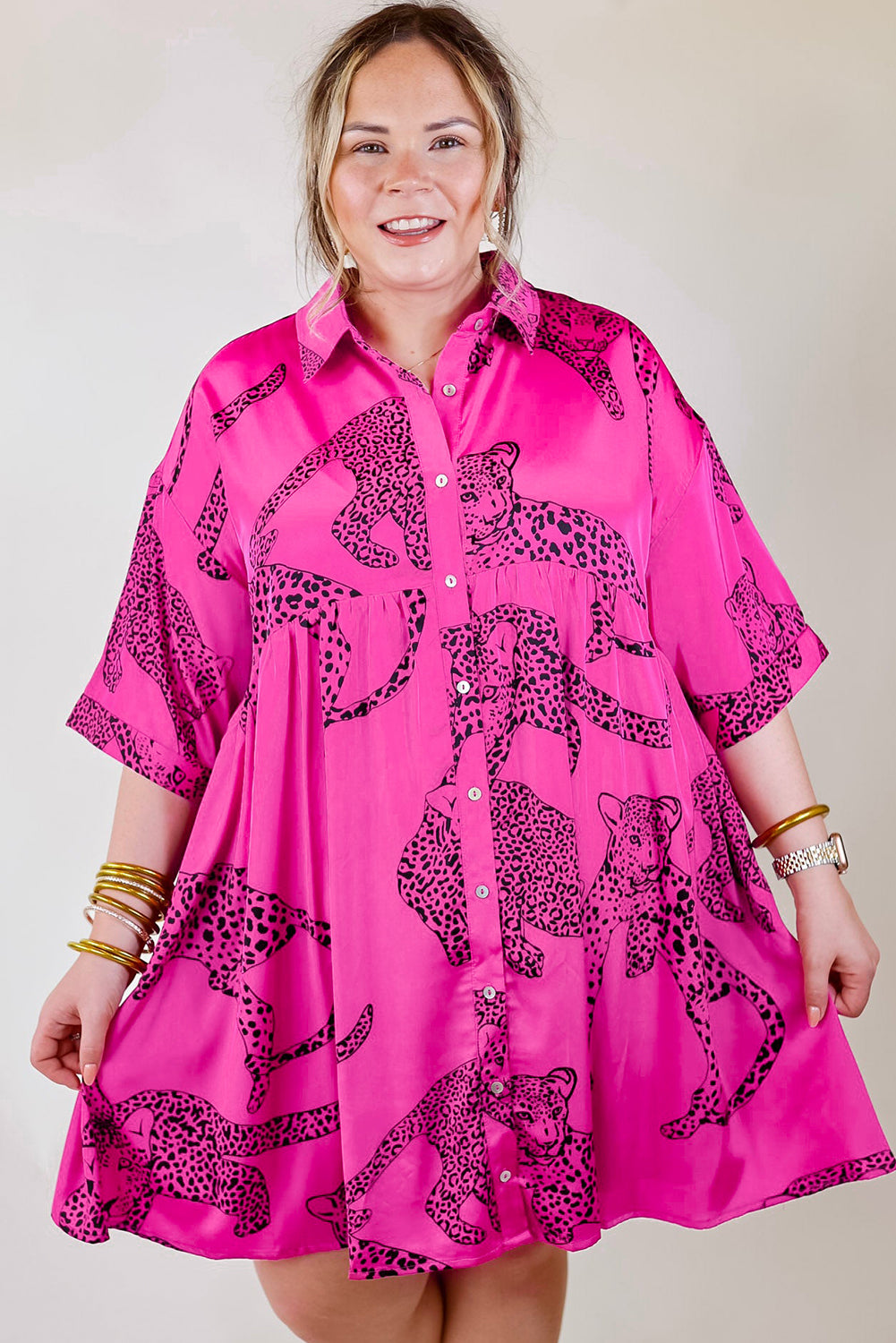 - Rose Cheetah Print Half Sleeve Buttoned Voluptuous (+) Plus Size Mini Dress - Plus Size Dresses at TFC&H Co.