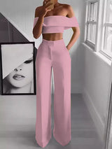 Pink - One-shoulder Classy Pants Outfit Set - womens pants set at TFC&H Co.