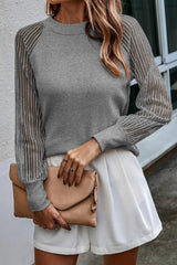 Gray 93%Viscose+7%Elastane - Mesh Long Sleeve Crewneck Ribbed Top - 3 colors to choose from - womens shirt at TFC&H Co.