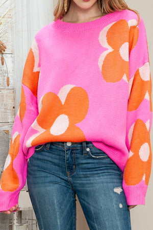 - Camel, Pink & Orange Floral Cable Knitted Sweater - Sweaters at TFC&H Co.