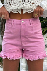 Pink 98%Cotton+2%Elastane - Frayed Edge Mid Rise Denim Shorts - womens denim shorts at TFC&H Co.