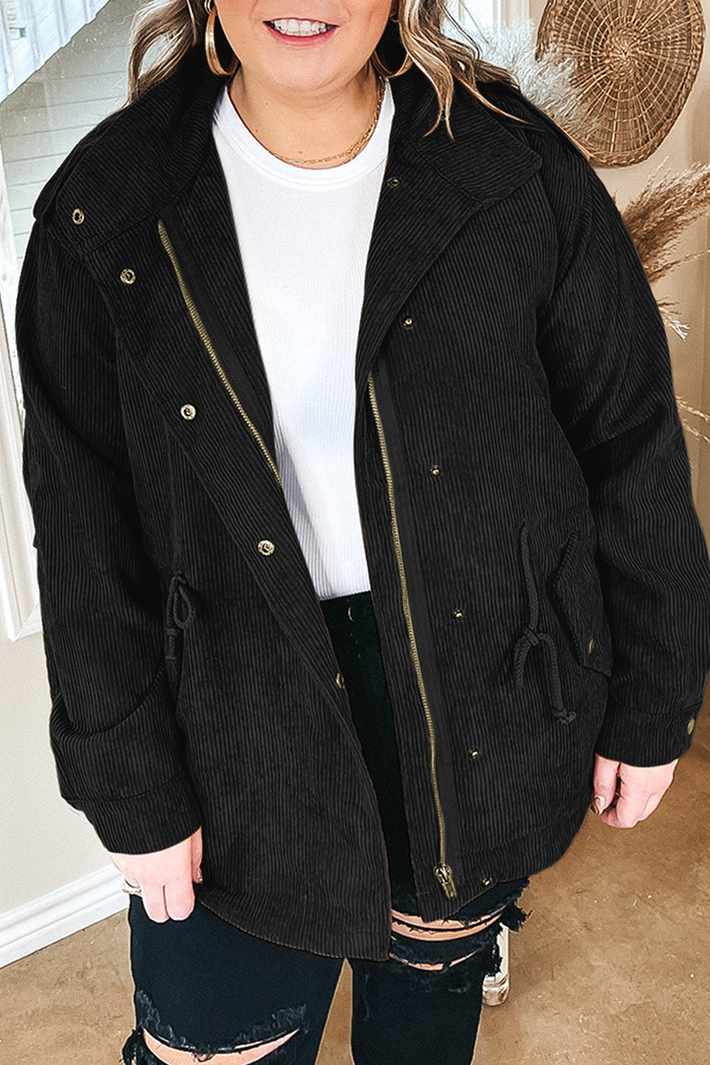 Black 100%Polyester Voluptuous (+) Plus Size Button Zipped Corduroy Jacket - various colors - women's jacket at TFC&H Co.