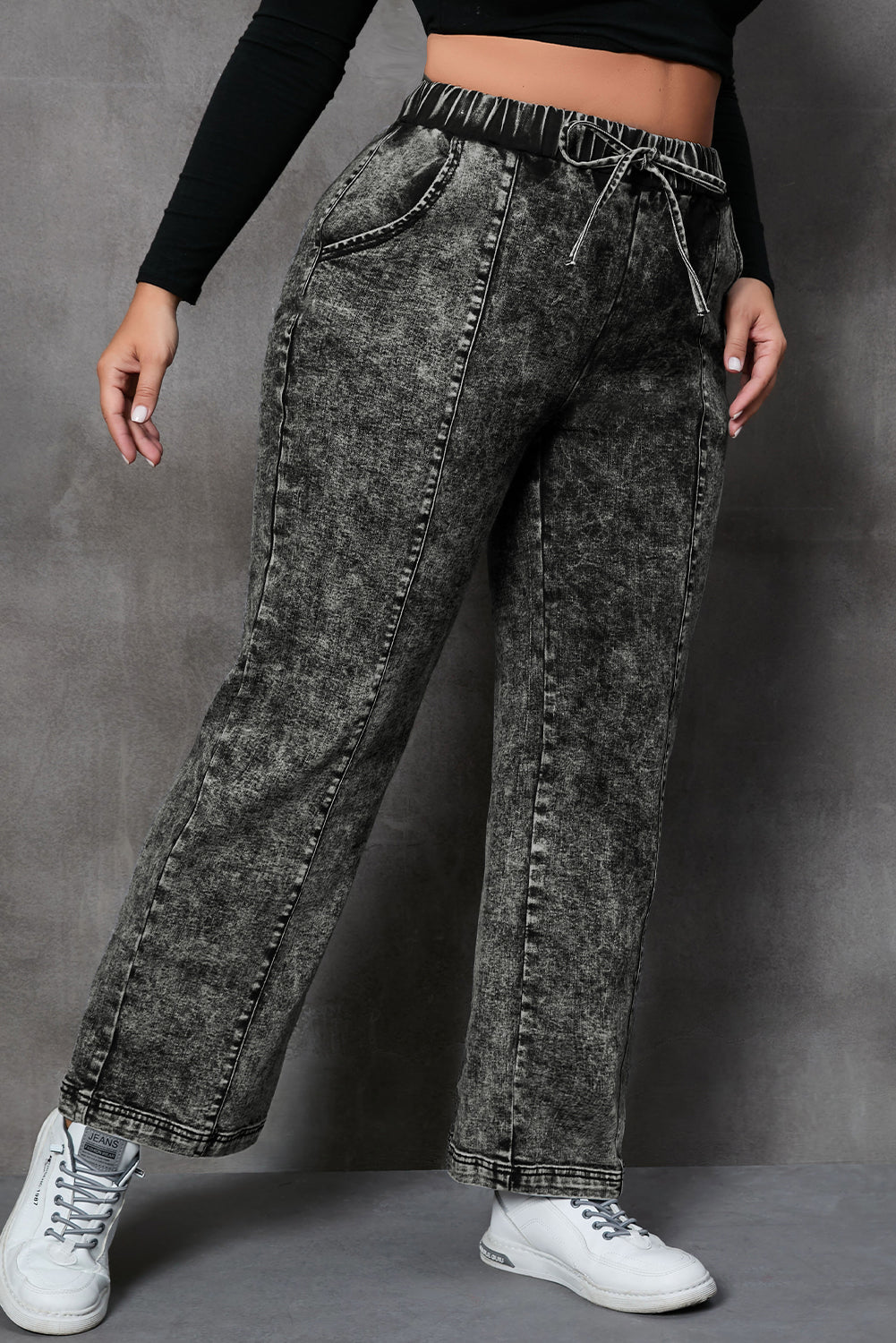 - Voluptuous (+) Plus Size Drawstring Splicing Women's Wide Leg Black Jeans - Plus Size Jeans at TFC&H Co.