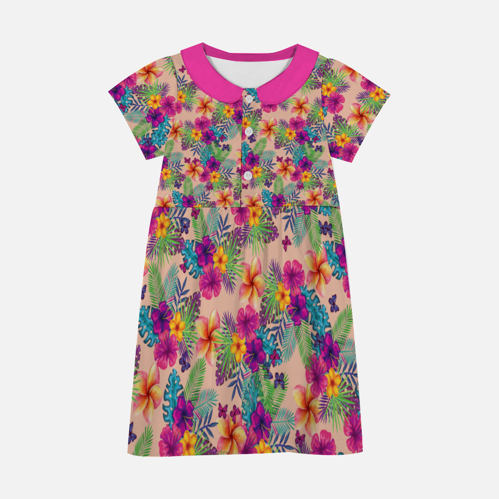 4XL - Tropical Peach Floral Baby Girl Short Sleeve Lapel Summer Dress - girls dress at TFC&H Co.