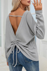 Gray 100%Polyester Gray V Cut Drawstring Back Waffle Knit Long Sleeve Top - women's shirt at TFC&H Co.
