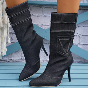 Black - Pocket Design Fashion Women's Denim Stiletto Boots - 2 colors - womens boot at TFC&H Co.