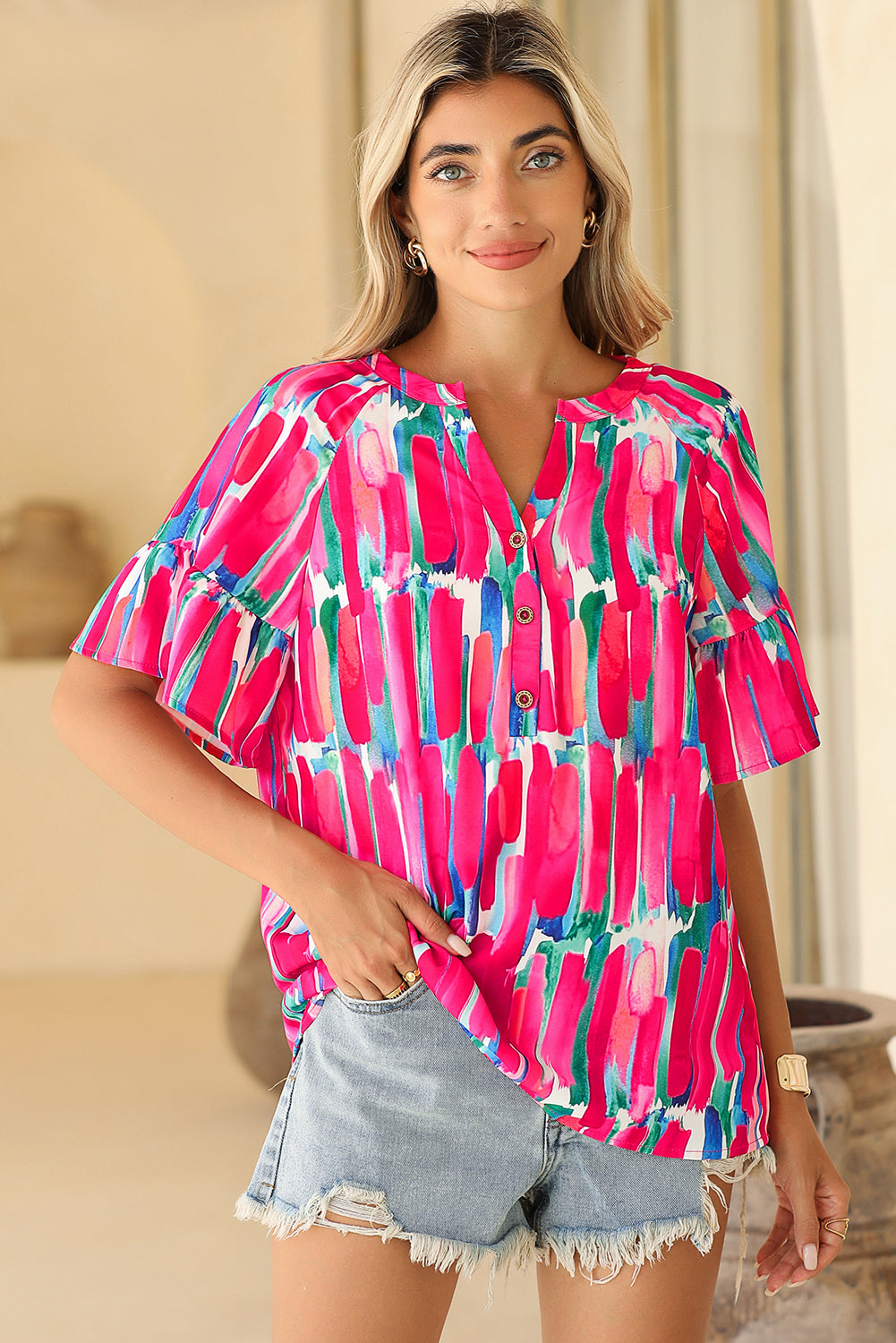 - Rose Abstract Brushwork Print Buttoned V Neck Blouse for Women - womens blouse at TFC&H Co.