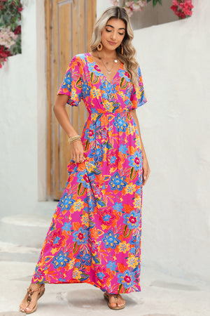 - Bohemian Abstract Print Wrap V Neck Color Block Maxi Dress - Maxi Dresses at TFC&H Co.