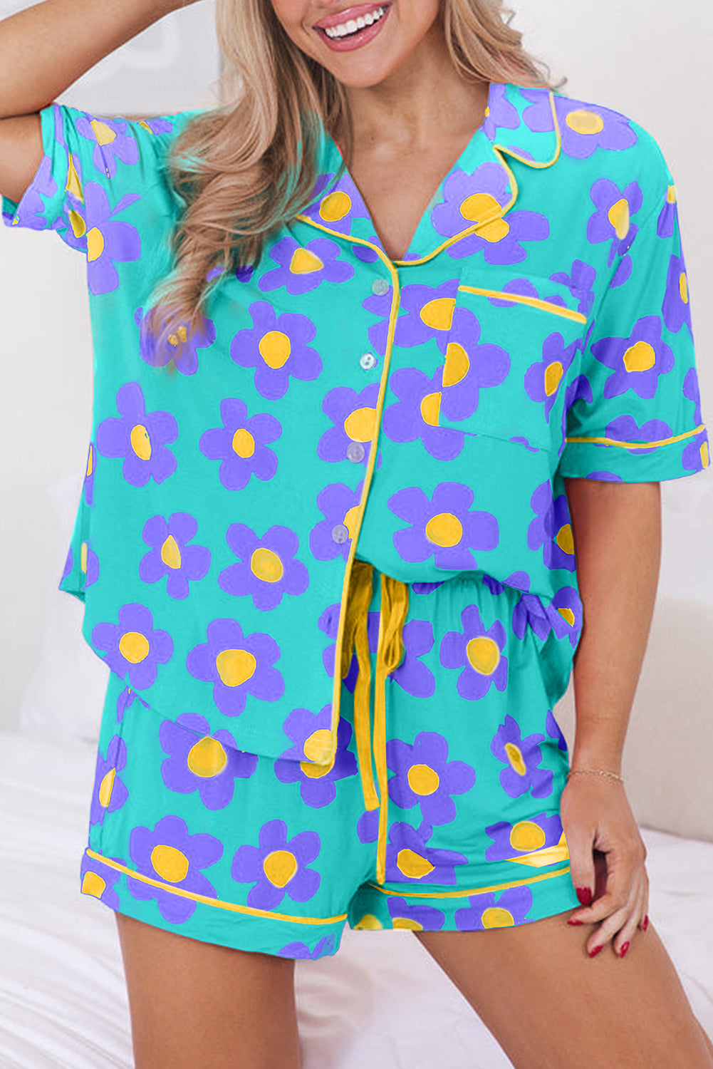 Green - Flower Print Buttoned Shirt and Drawstring Waist Women's Pajama Set - womens pajamas at TFC&H Co.