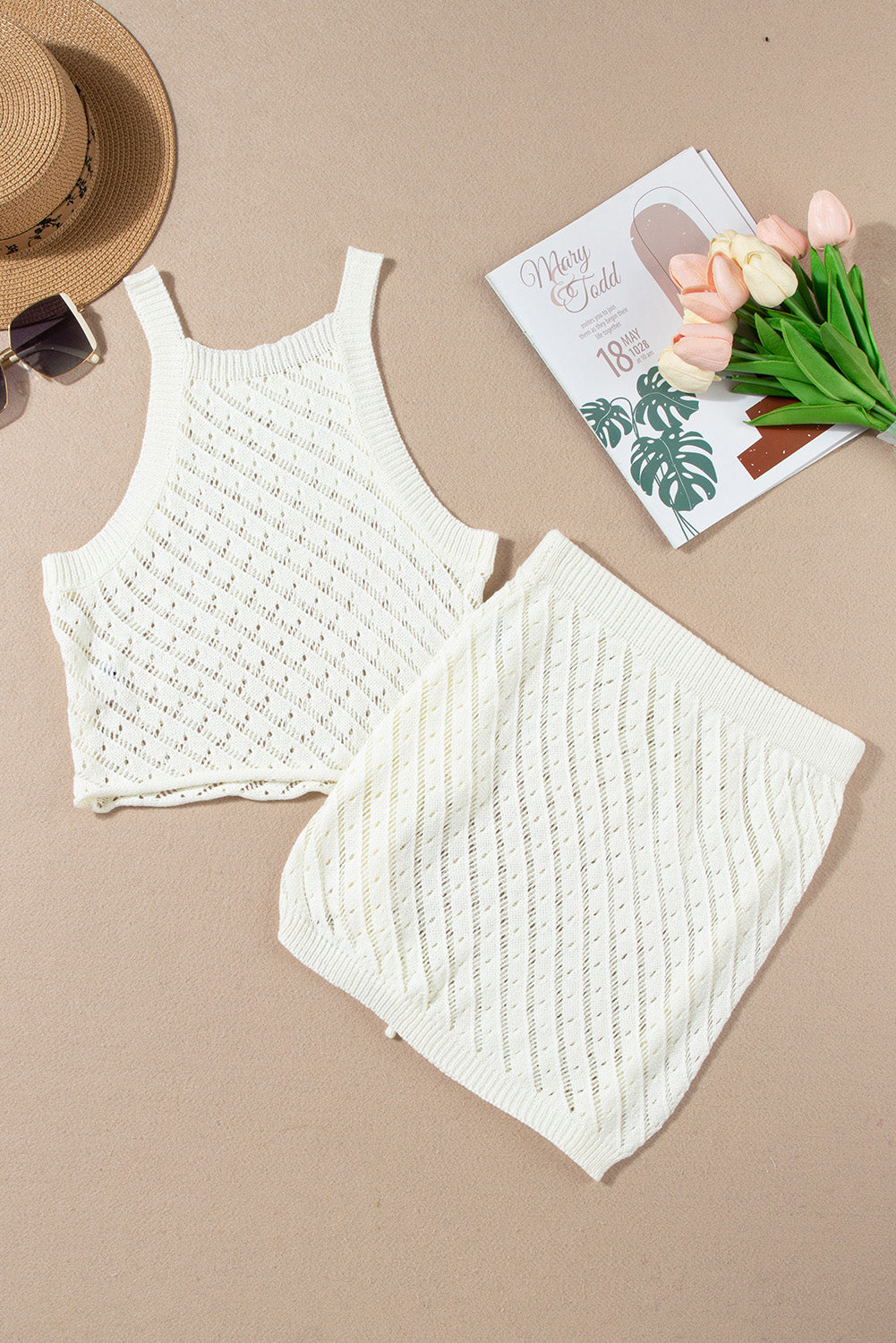 - White Hollowed Crochet Cropped 2 Piece Beach Cover-up - womens swimsuit cover-ups at TFC&H Co.