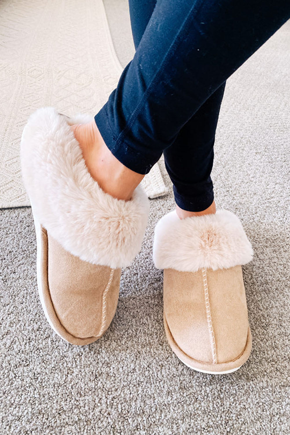 Khaki 37 (6) Cut and Sew Faux Suede Plush Lined Women's Slippers - women's slippers at TFC&H Co.