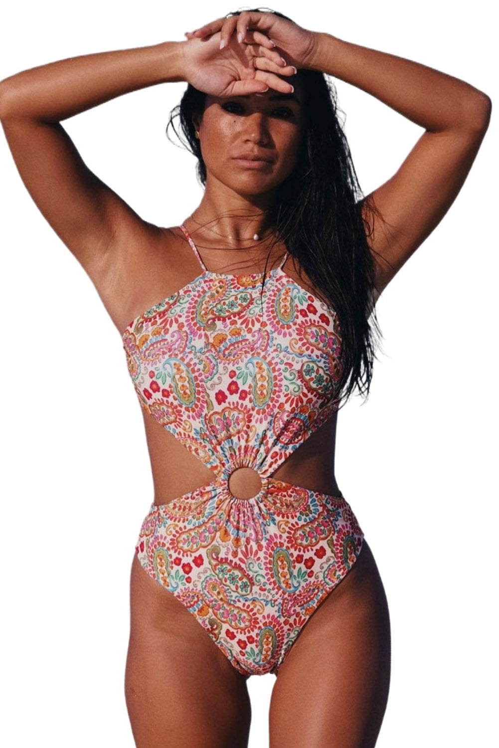 - Multicolor O-ring Lace-up Backless Floral One Piece Swimsuit - womens one piece swimsuit at TFC&H Co.