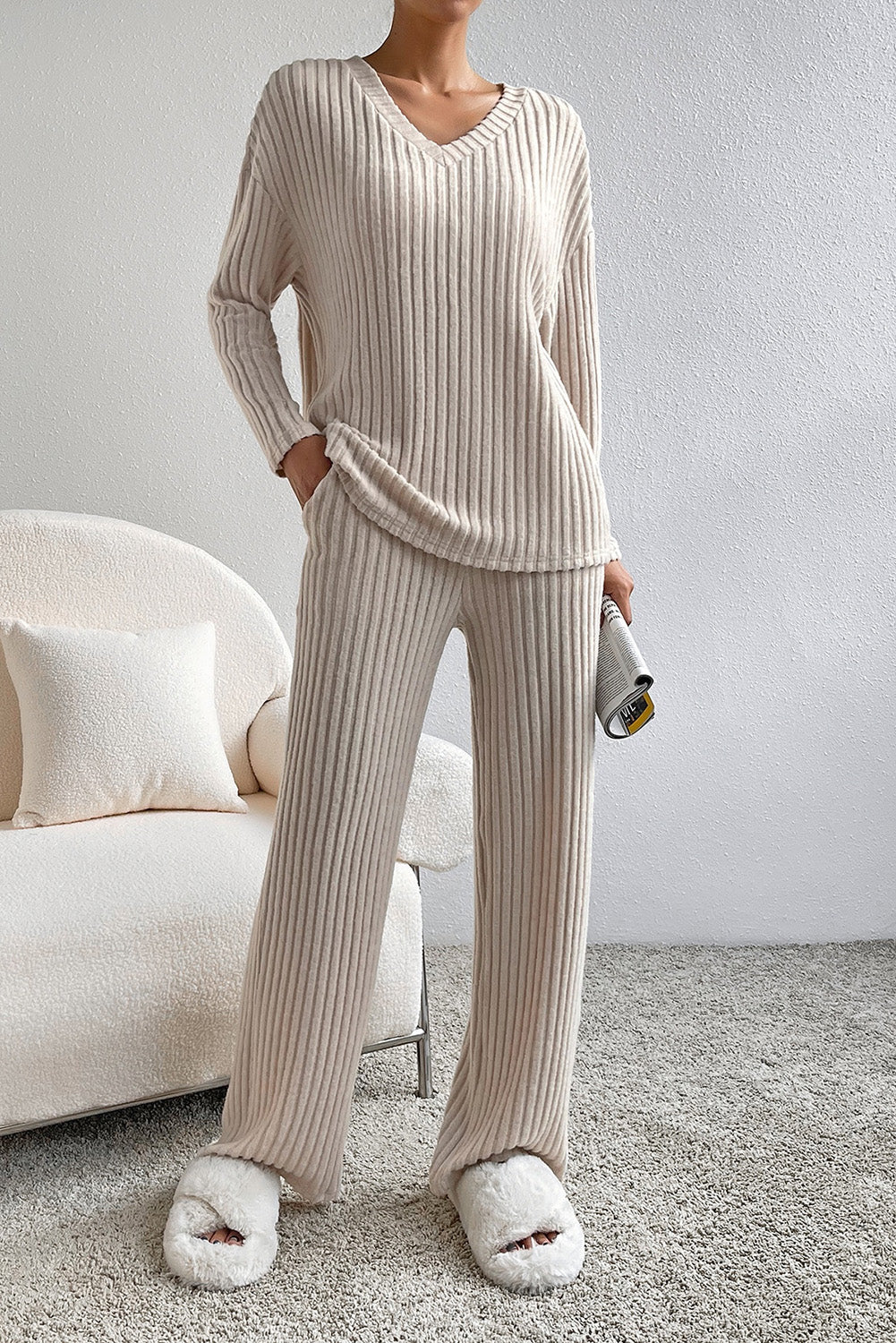 Ribbed Knit V Neck Slouchy Two-piece Outfit - pants or short set various colors - women's pants set at TFC&H Co.