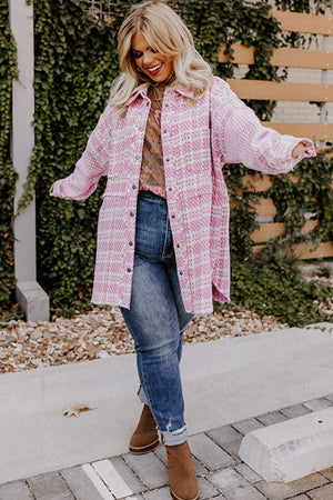 Pink Voluptuous (+) Plus Size Tweed Plaid Houndstooth Print Shacket - women's shacket at TFC&H Co.