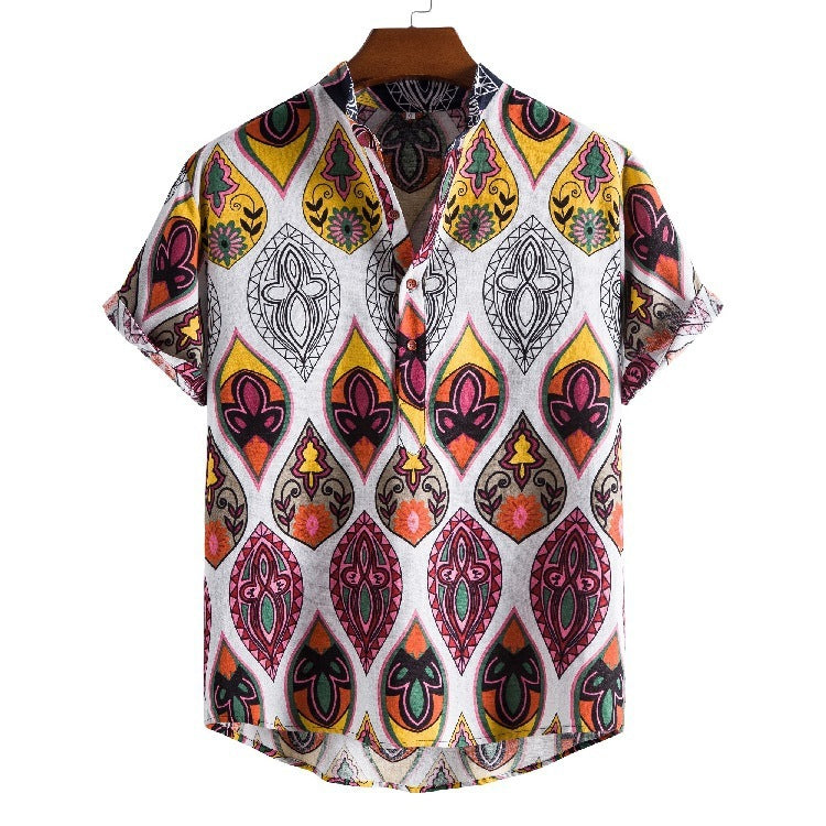 Pl53 - Stand Collar Ethnic Style Series Printed Casual Button Up Shirt - mens button up shirt at TFC&H Co.