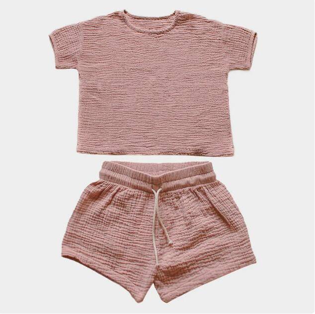 Lotus root pink color - Summer Girls' 100% Cotton Loose Two Piece Shorts Outfit Set - girls short set at TFC&H Co.