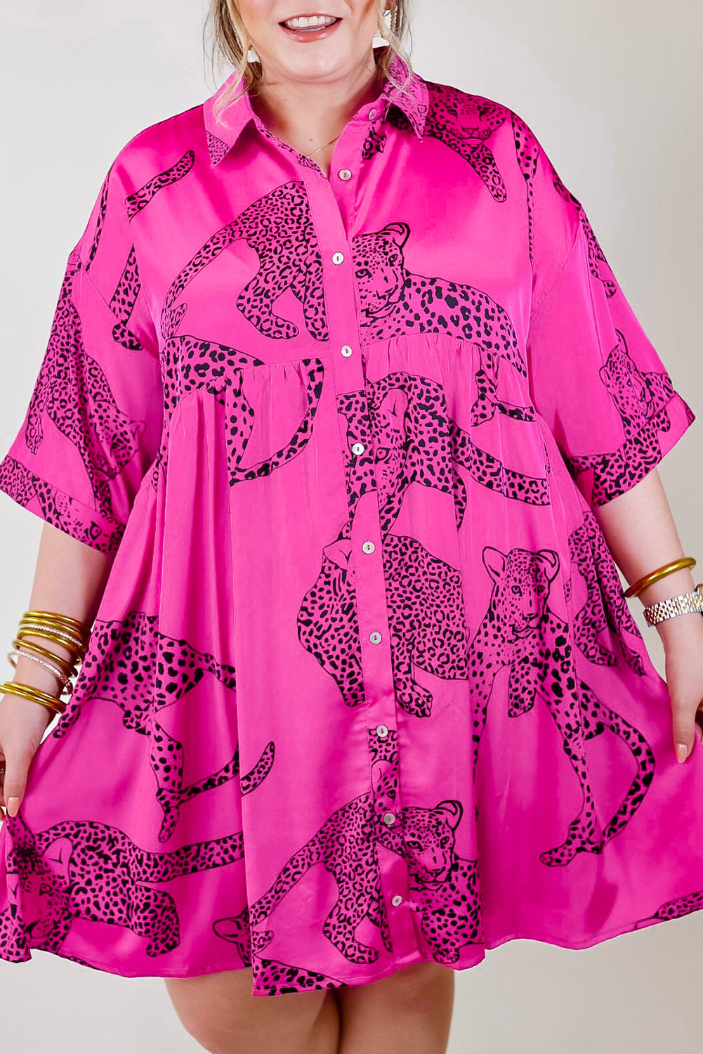 Rose - Rose Cheetah Print Half Sleeve Buttoned Voluptuous (+) Plus Size Mini Dress - Plus Size Dresses at TFC&H Co.