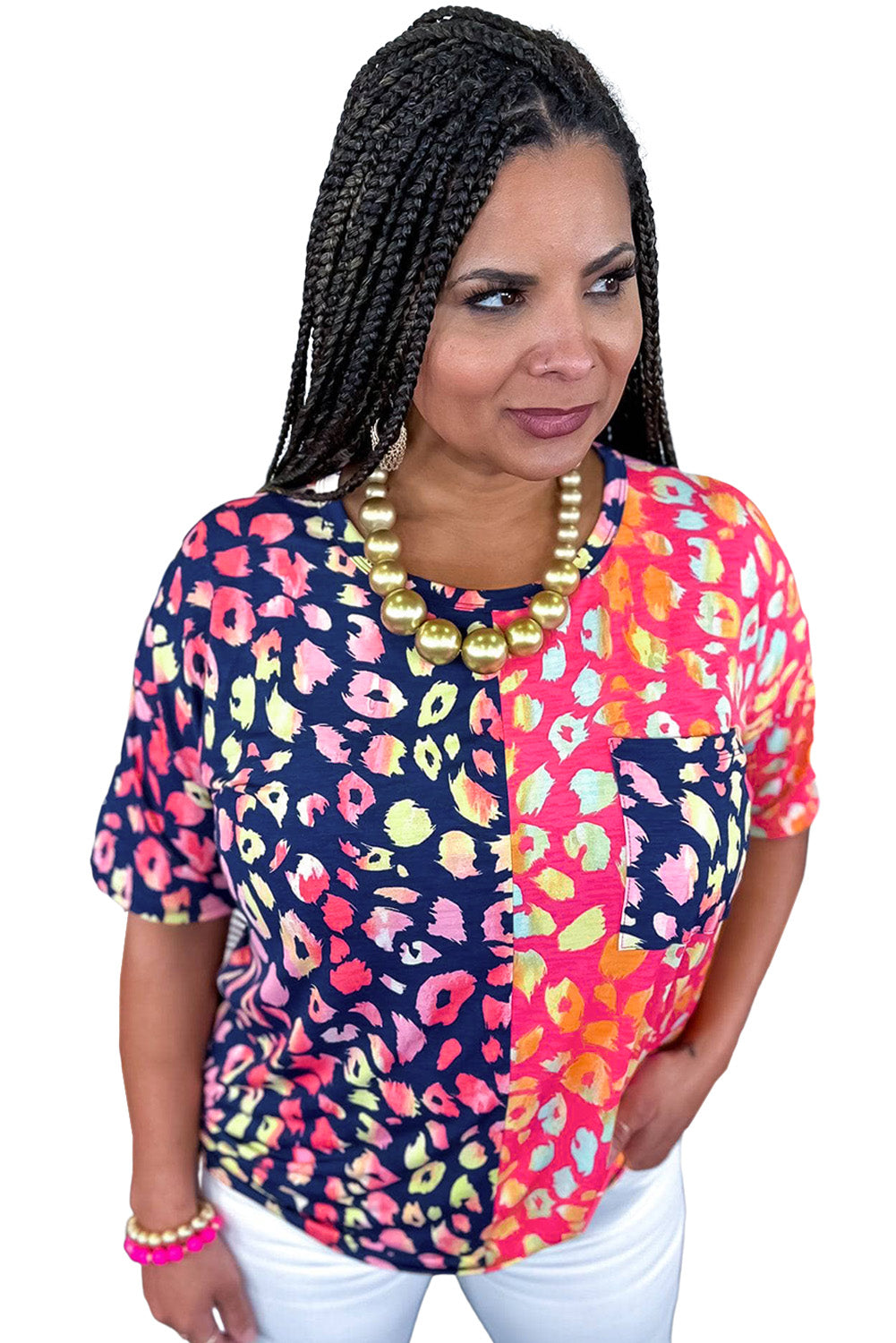 - Leopard Colorblock Short Sleeve Voluptuous (+) Women's Plus Size Tee - Plus Size Tee at TFC&H Co.