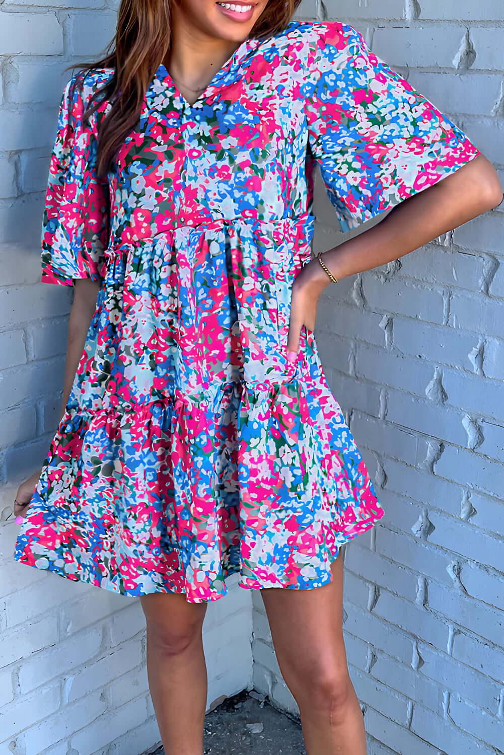 Multicolour 100%Polyester - Multicolour Floral Short Sleeve V Neck Tiered Mini Dress - womens dress at TFC&H Co.