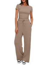 Khaki - 2pcs Solid Color Casual Sport Short-sleeved Women'sTop And High-waisted Drawstring Wide-leg Pants - womens pants set at TFC&H Co.