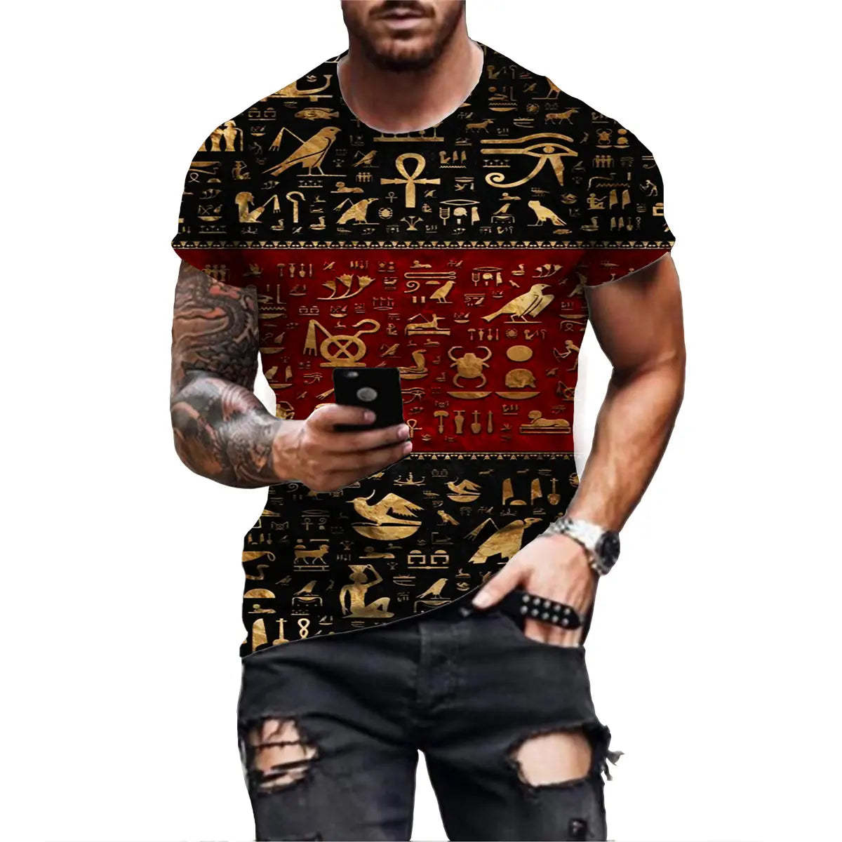 3D Digital Printing Egyptian Pharaoh Round Neck Short Sleeve T-shirt for Men