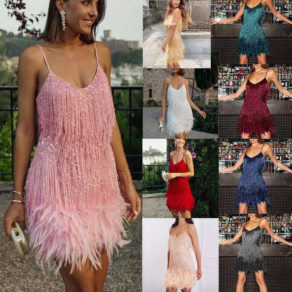 - Fringe Sequins Sexy Feather V-neck Halter Party Dress for Women - womens dress at TFC&H Co.