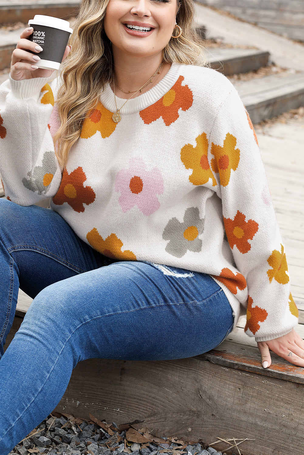 Sweet Flower Knitted Ribbed Hem Sweater - women's sweater at TFC&H Co.