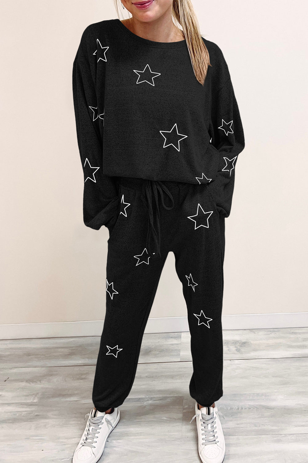 Black 95%Polyester+5%Elastane Stars Print Long Sleeve Drawstring High Waist Lounge Set - women's pants set at TFC&H Co.