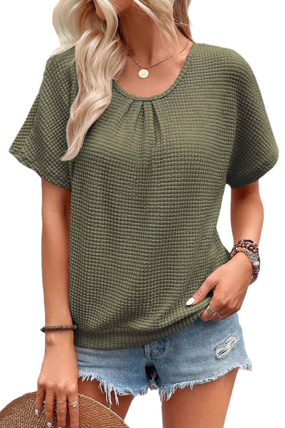 - Guipure Lace Splicing Back Waffle Textured Women's T-shirt - T Shirts at TFC&H Co.